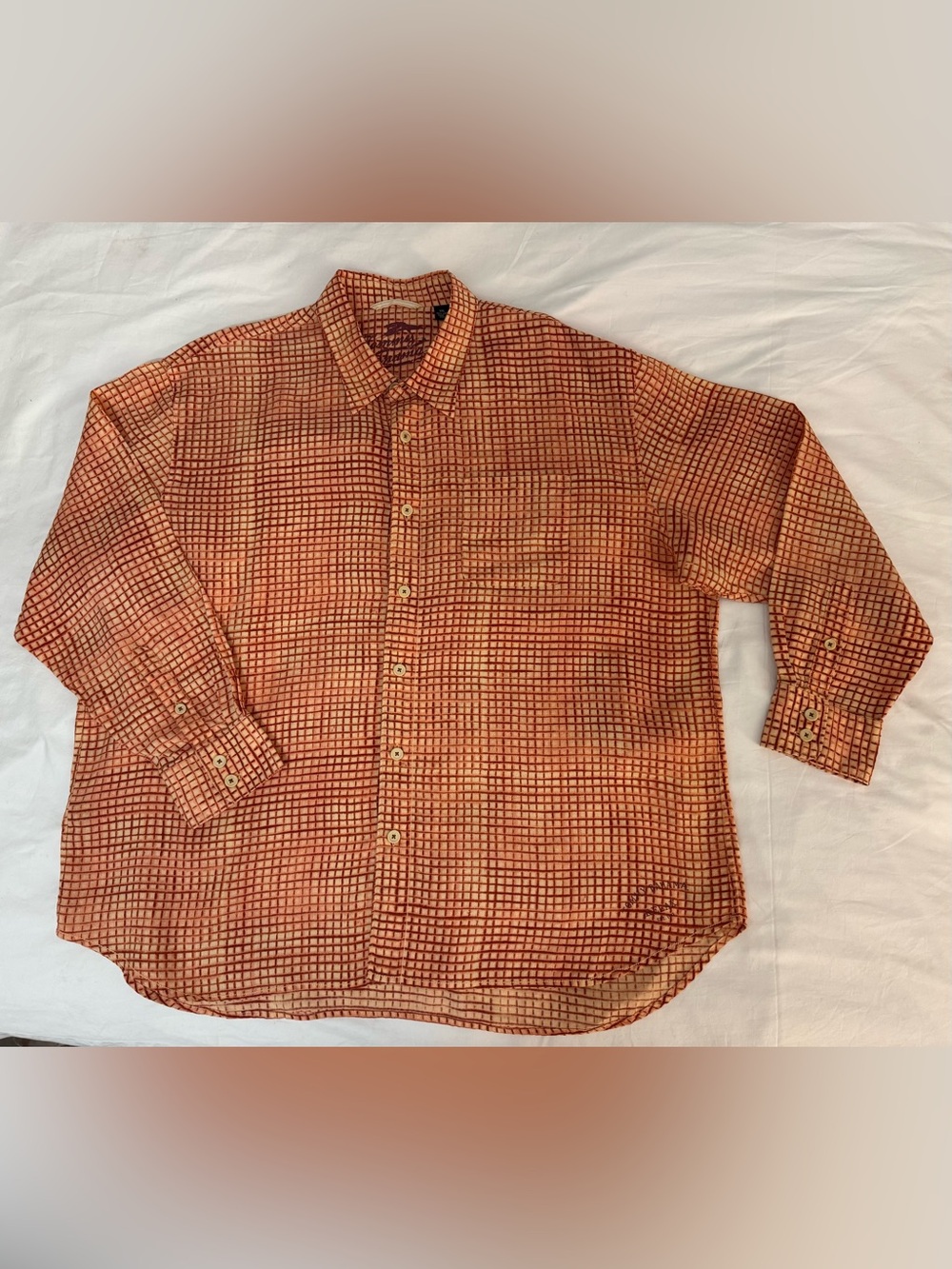 Tommy Bahama Shirt Mens 2XL Orange Check 100% Linen Long Sleeve Button-Up